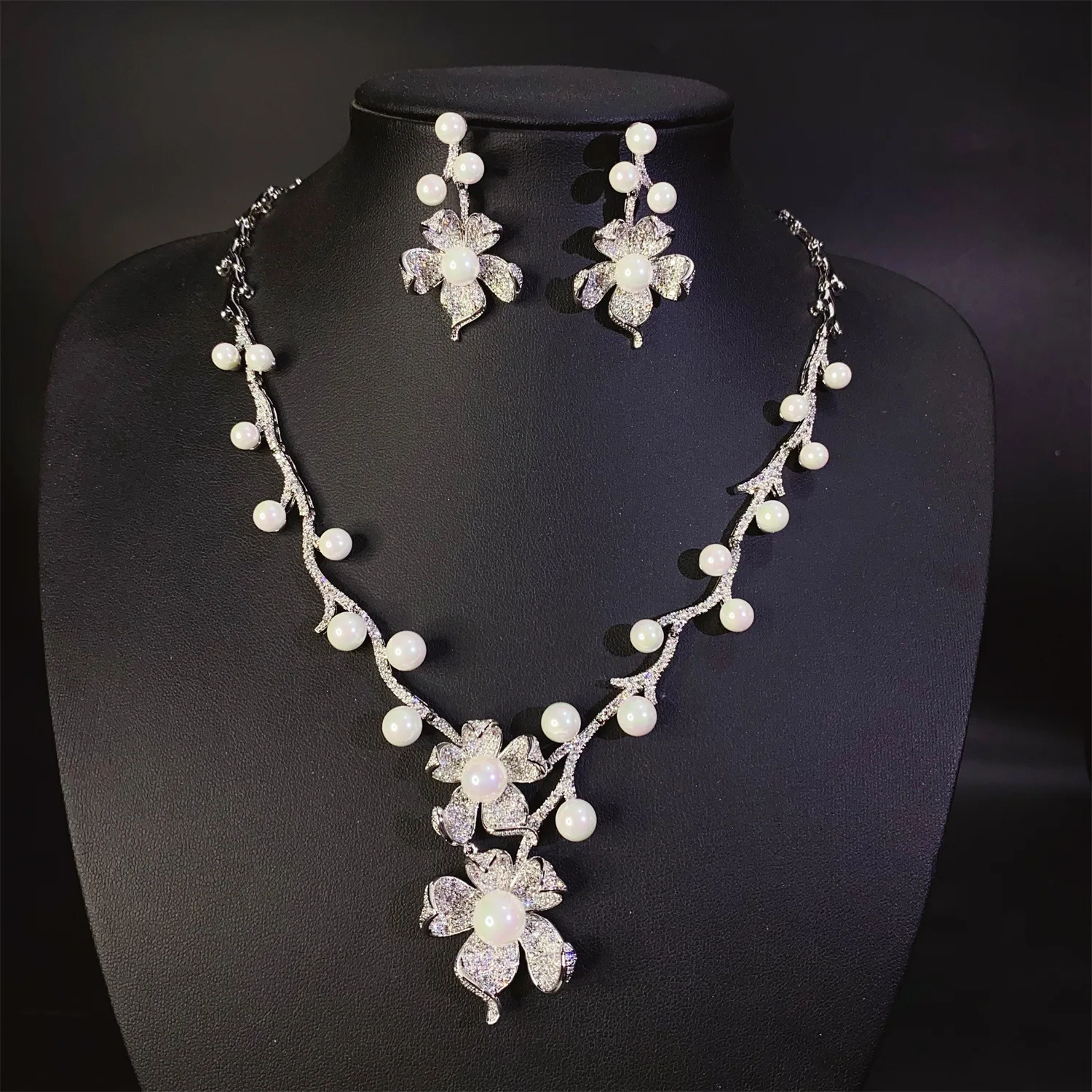 HIBRIDE Colourful Pearls Floral Burst Jewelry Necklace Earrings Dress Accessories Engagement Evening Party For Women S-513