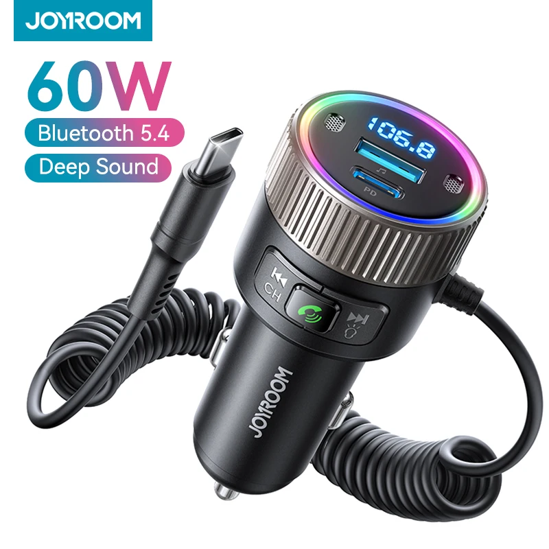 JOYROOM 60W Bluetooth 5.4 FM Transmitter PD QC 3.0 Super szybka ładowarka samochodowa z dwoma mikrofonami HiFi Deep Sound USB C Adapter do ładowania w samochodzie
