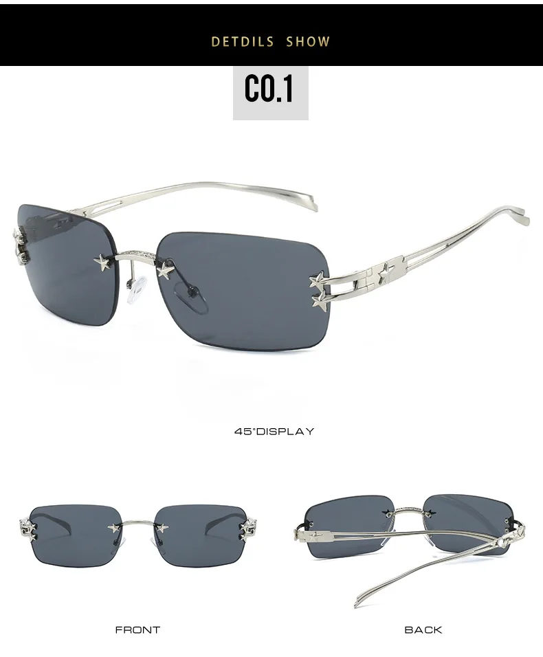 2025, rechteckige Y2K-Sonnenbrille für Damen, Markendesigner, randlose Sterne, verspiegelt, coole Mode-Sonnenbrille für Herren – Detail 7