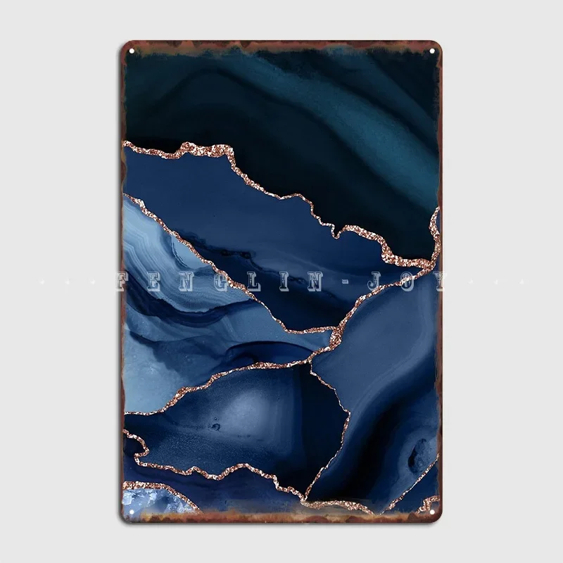 Navy Blue Rose Gold Agate Geode Poster Metal Plaque Club Home Bar Cave Designing Wall Plaque Tin Sign Poster