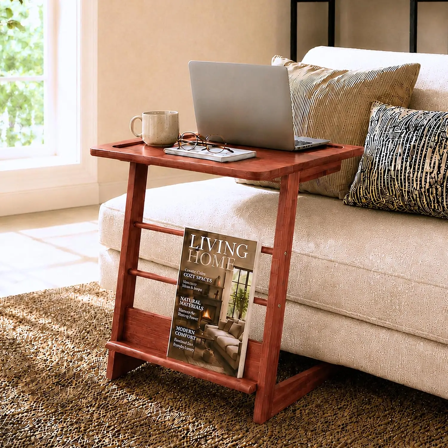 C-Shaped End Table Acacia Wood Side Table Nightstand Mid-Century Z Frame L-Shape Shelf Tool-Free Assembly Bedroom Living Room Of