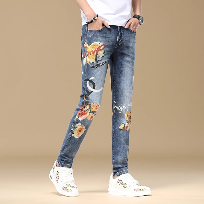 2024 New light luxury jeans men's fashion print slim fit small feet street trend Korean elastic high end denim pants