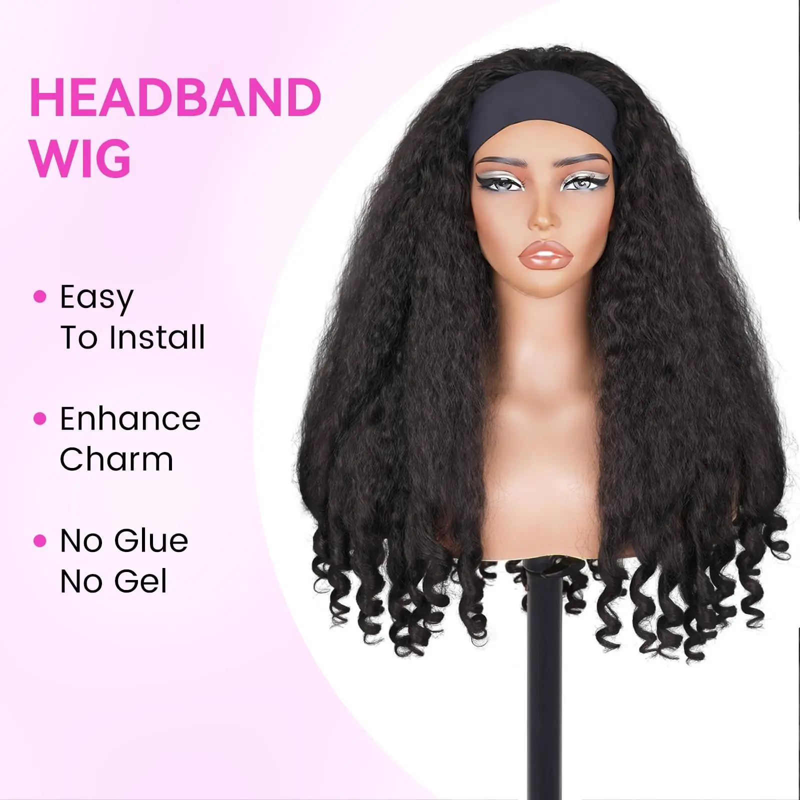 Women’s Synthetic Long Curly Wig Headband Afro Curls Black Heat Resistant Fiber Costume Party Anime Hairpiece