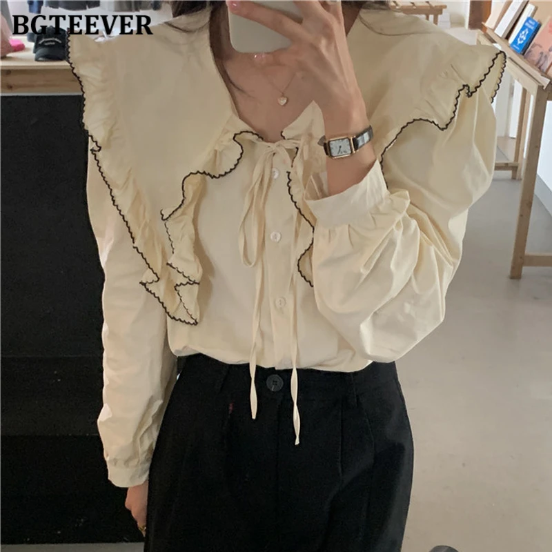 

BGTEEVER Vintage Lace-up Female Single-breasted Blouses Tops Casual Loose Lapel Women Shirts Spring Summer Ladies Blusas