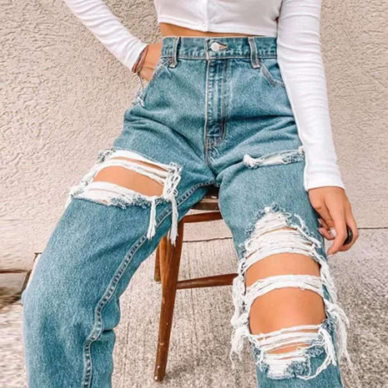 Fashion Blue Hole Straight Wide Leg Trousers Y2k Hollow Cargo Pants Women Mom Jeans Ripped Jeans Women Baggy High Waisted Pants