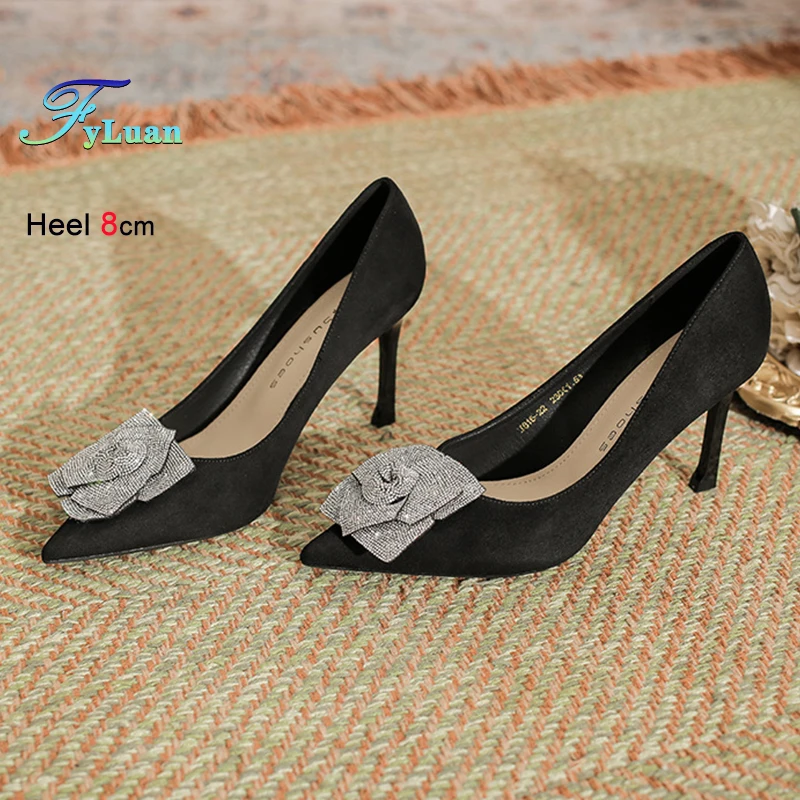 

Black Pointed Toe Women Pumps Rhinestone Decoration Female High Heel Shoes Fashion Banquet Celebrate Party Stiletto Single Shoes