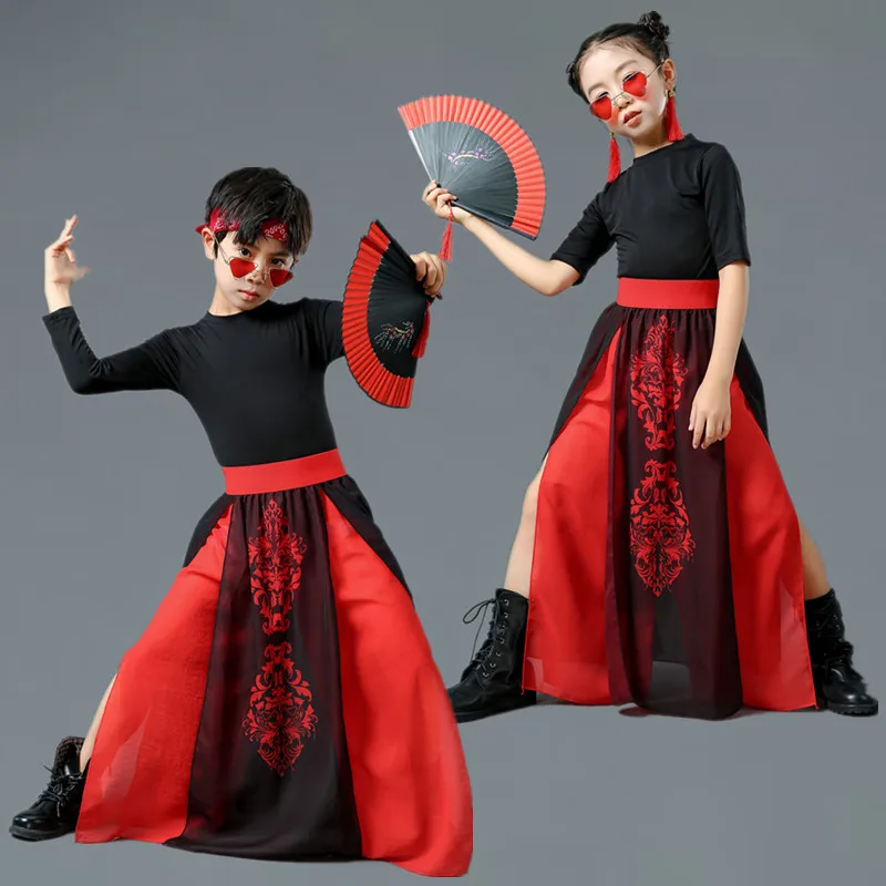 Children Chinese Style Jazz Dance Costume Red Black Hip-Hop Dance Wear Group Performance Stage Costumes Festival Outfits