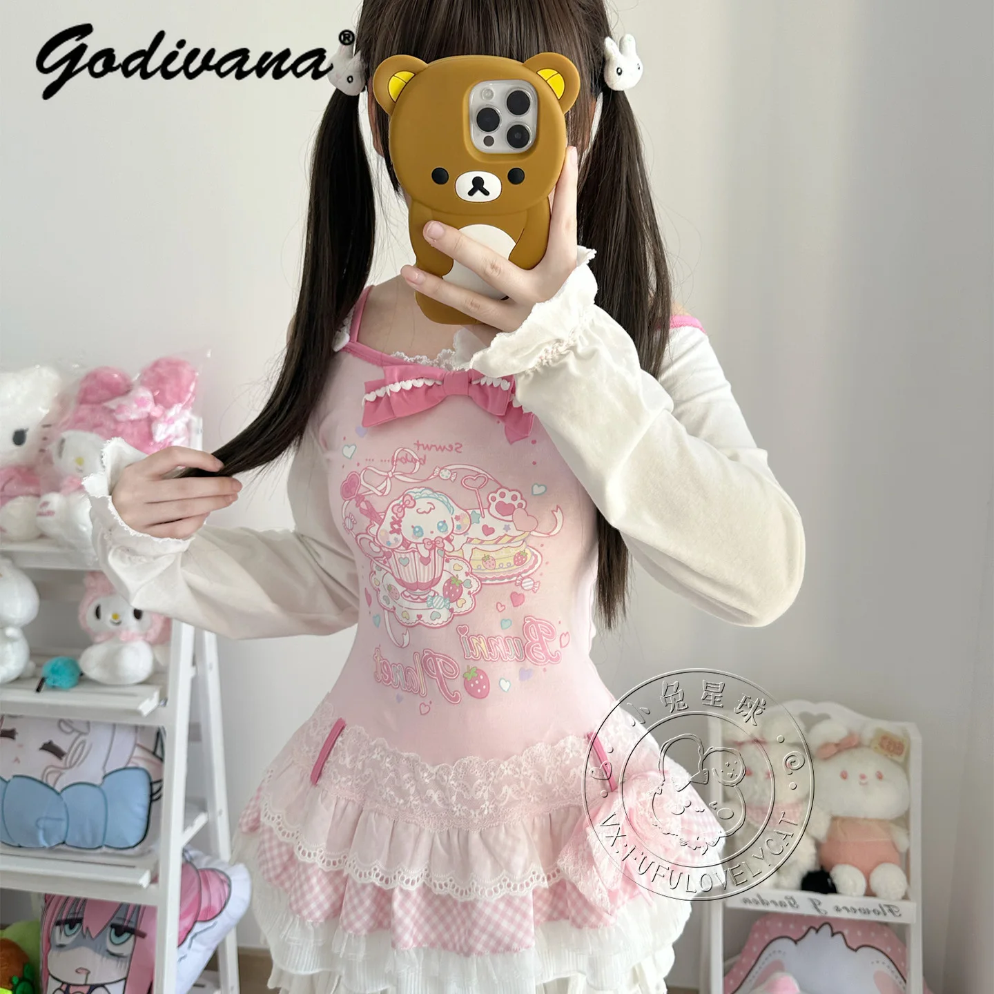 ابنة بنات لوليتا خارج الكتف فستان قصير Kawaii الكرتون طباعة انفصال هود سليم كم طويل تي شيرت فساتين