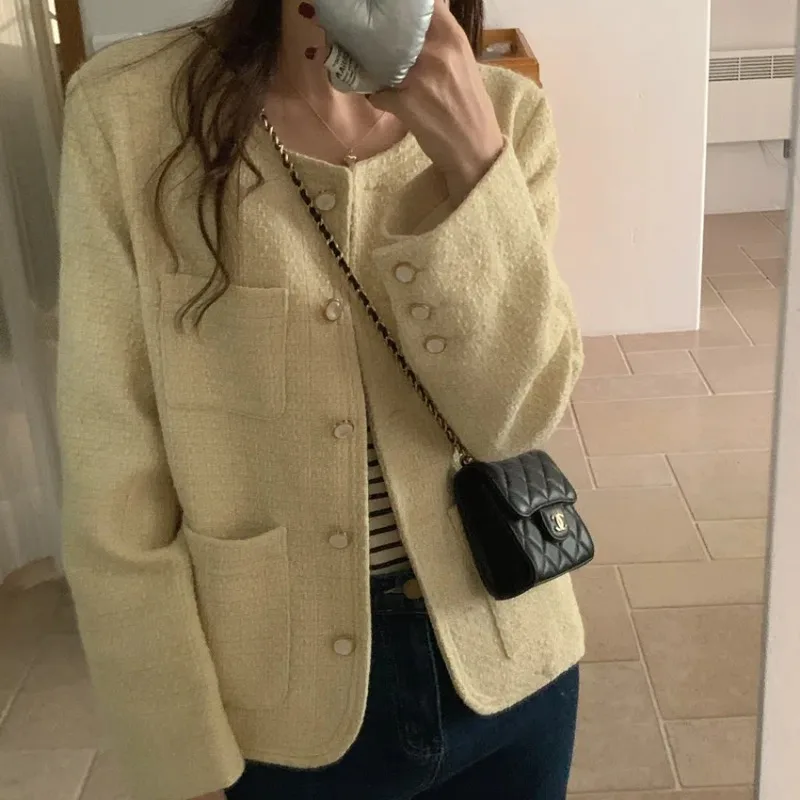 Chaqueta de Tweed Vintage para mujer, abrigo corto de manga larga con cuello redondo y botonadura única, Otoño, 2024