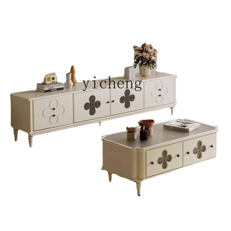 

XL French Style Solid Wood Clover Coffee Table TV Cabinet Combination Small Apartment Living Room Storage