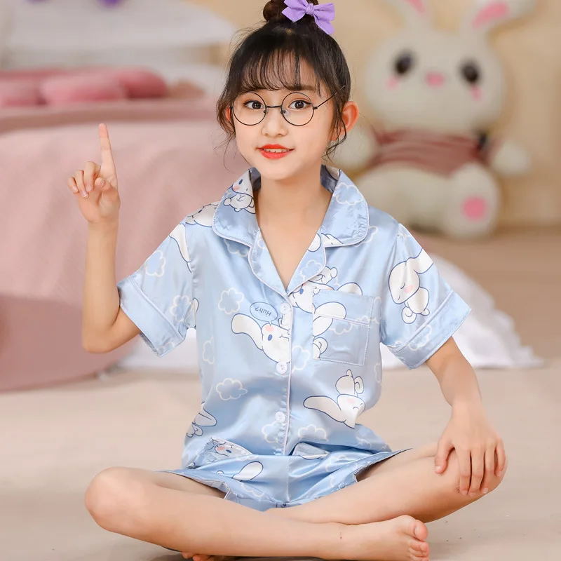 

Pajama Girl Ice Silk Short Sleeve Cardigan Sweet Cute Cartoon Sleepwear Pyjamas Robe Children's Clothing Mother Kids