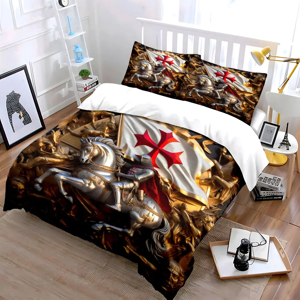 Knight and Royal Flag Golden Sculpture Print Bedding Set 1Duvet Cover 2 Pillowcases for Adult and Children Luxury Gift Full Size