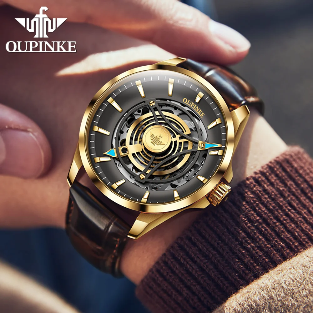 OUPINKE 3206 Fashion Hollow Mechanical Watch For Men Top Brand Automatic Wrist Watch Synthetic Sapphire Mirror Man Hand Clock