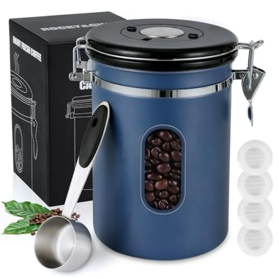 

1800ML Airtight Coffee Canister with Date TrackerandTransparent Window, 22.8OZ Coffe Beans Storage with 30ML Measure Spoonand4