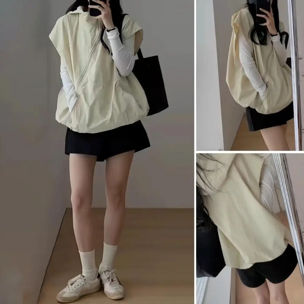 Women Hooded Vest Stylish Women's Summer Hooded Vest with Diagonal Zipper Sun Protection Pocket Casual Breathable for Outdoor