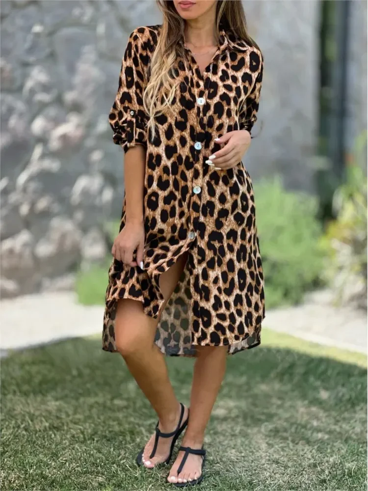 새로운 우아한 여성 여름 레오파드 셔츠 드레스 봄 캐주얼 패션 느슨한 턴 다운 칼라 중반 송아지 스트레이트 롱 드레스