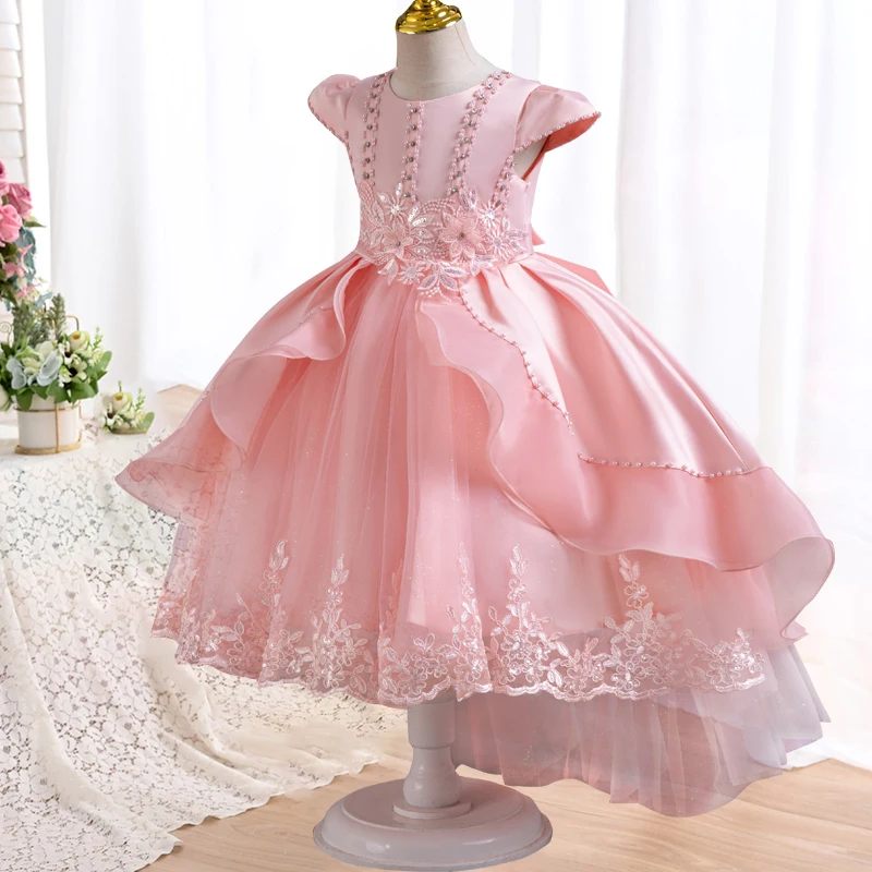 Girl's Pearl Flower Tail Princess Dress 2024 New Fashion Off the Shoulder Bow Puff Dress Carnival Birthday Party Performance Clo