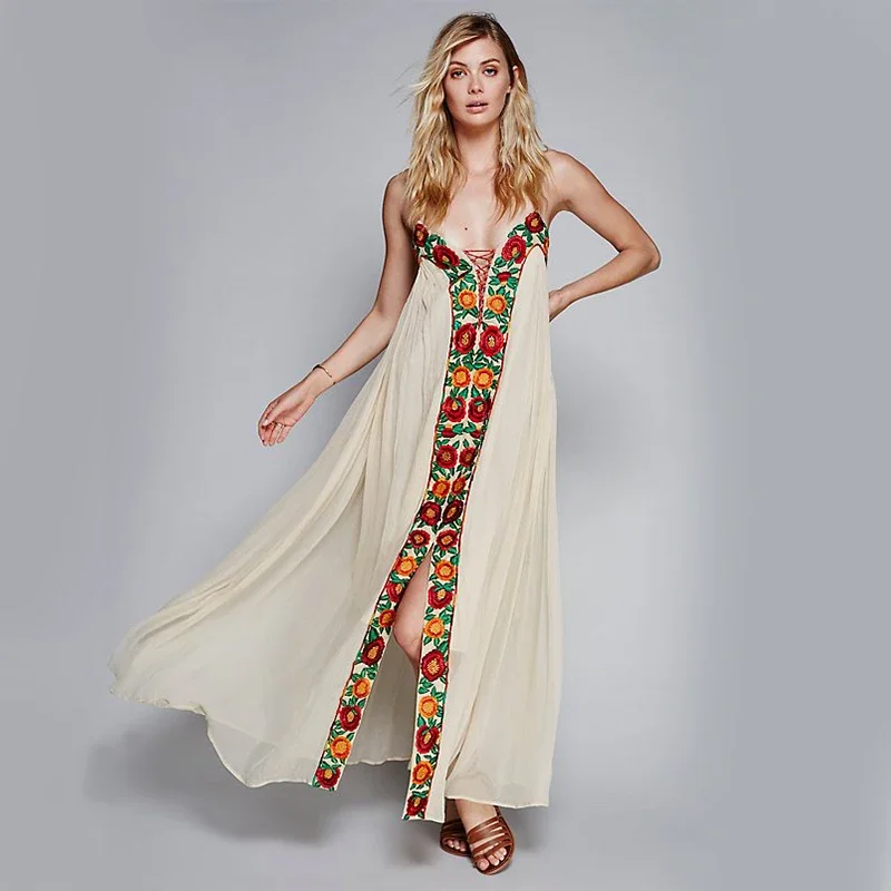 KHALEE YOSE Floral Embroidery Boho Maxi Dresses Summer Beach Dress Off Shoulder Cotton Hippie Gypsy Vintage Sexy Holiday Dress