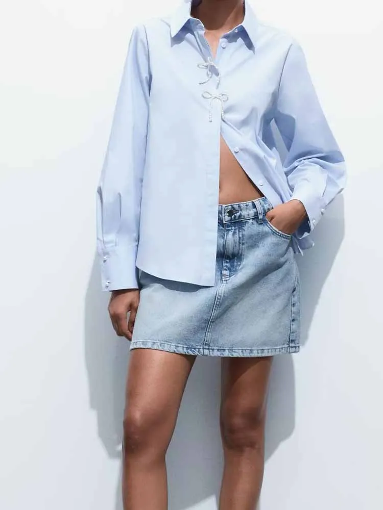 

European and American style summer new fashion trend women's clothing artificial pearls poplin long-sleeved lapel shirt