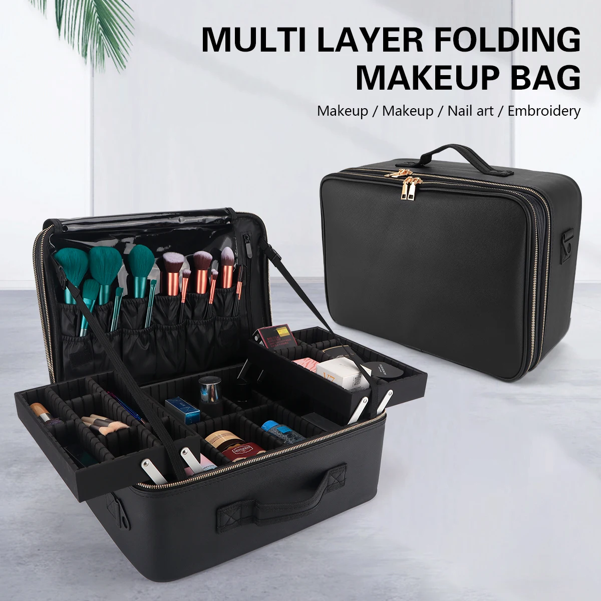 Travel Makeup Case-Professional Adjustable Divider Cosmetic Bag Large Capacity Waterproof Makeup Organizer