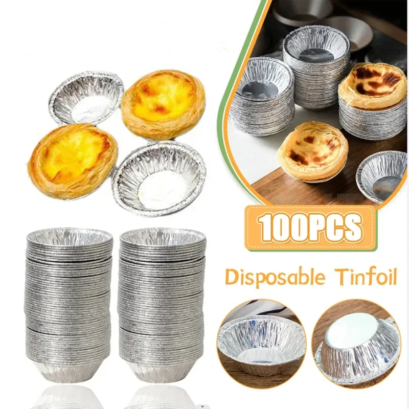 50/100Pcs Reusable Aluminum Foil Baking Cups Egg Tart Pan Cupcake Case Tar Cake Mold Bakewares with Tin Barbecue Seasoning Cup