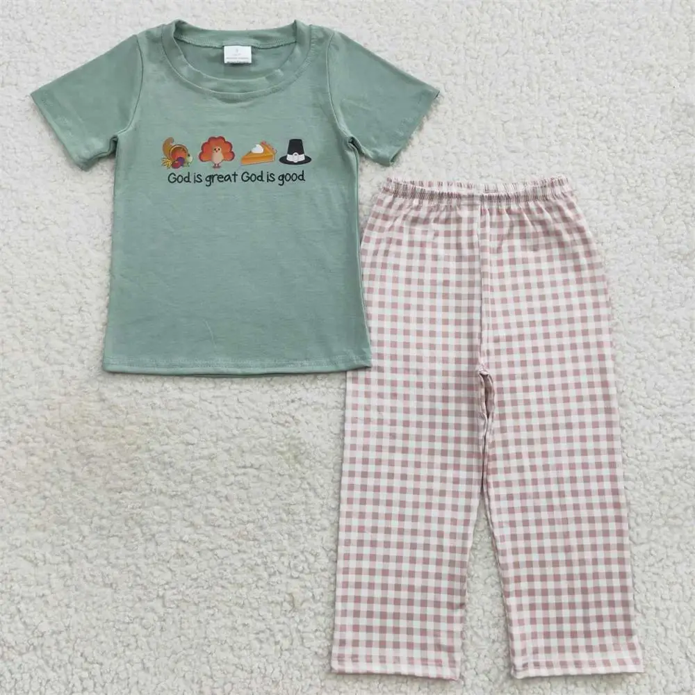 

Wholesale Baby Boy Short Sleeves turkey Pie Green Cotton T-shirts Kids Set Toddler Children Plaid Pants Thanksgiving Outfit