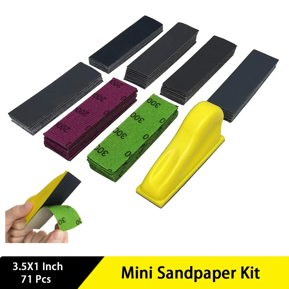 

3.5”x 1” Mini Sandpaper Kit 71 Pcs with Hook and Loop Sanding Block for Polishing Wood Artworks Cups Glasses or Corner Table