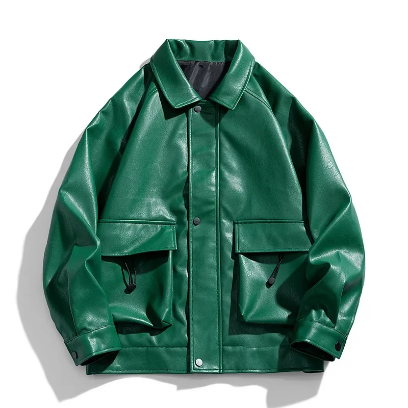 Boys Retro Green PU Soft Leather Coat Autumn Winter Casual Motorcycle Biker Jacket Thin Loose Outerwear Streetwear Plus Size 3xl