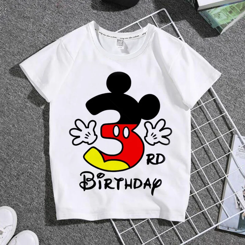 Summer Fashion Mickey Mouse How Old Am I? Printed Short-Sleeved Tops Kids Pure Cotton White T-Shirt Boys Girls Birthday Clothes