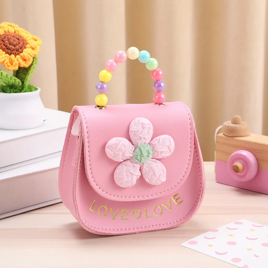 Pu Coin Purse Pu Beaded Handle Purse Girls Shoulder Bag Playful Floral Coin Purse For Candies Family Gatherings Kids