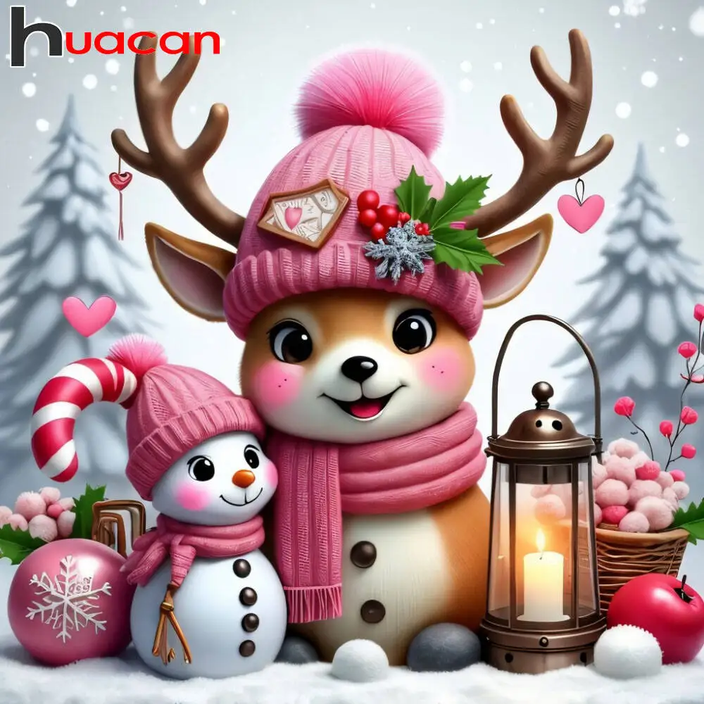 HUACAN 5D-Diamantgemälde zum Selbermachen, Weihnachten, Hirsch, Schneemann, Mosaik, volle quadratische runde Bohrer, Cartoon-Leinwand