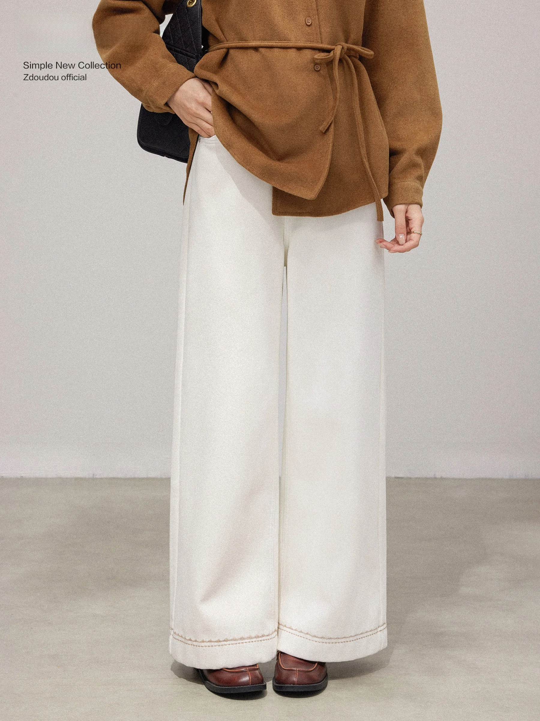 

White Casual Fleece Lined High Waist Thickened Women's Jeans Winter New Style Loose Wide Leg Pants Comfortable Slimming Effect