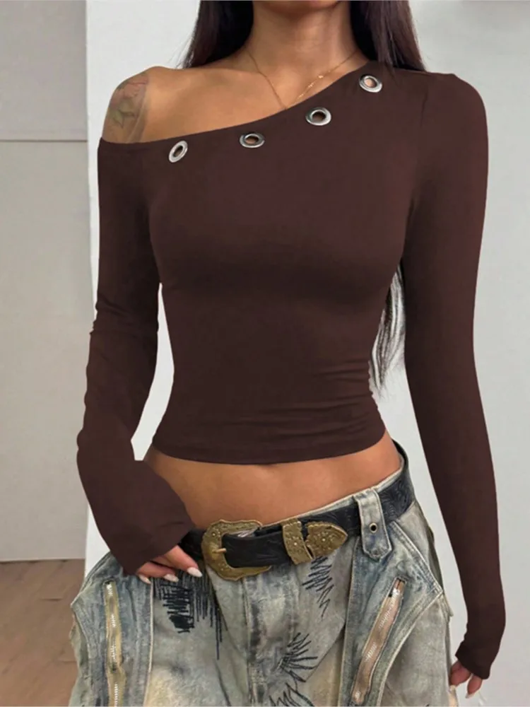 

Casual T Shirt Tees Long Sleeve Top Women's Clothing Blusa Hot Girl Style High Street Slim Slant Collar Solid Color Off Shoulder