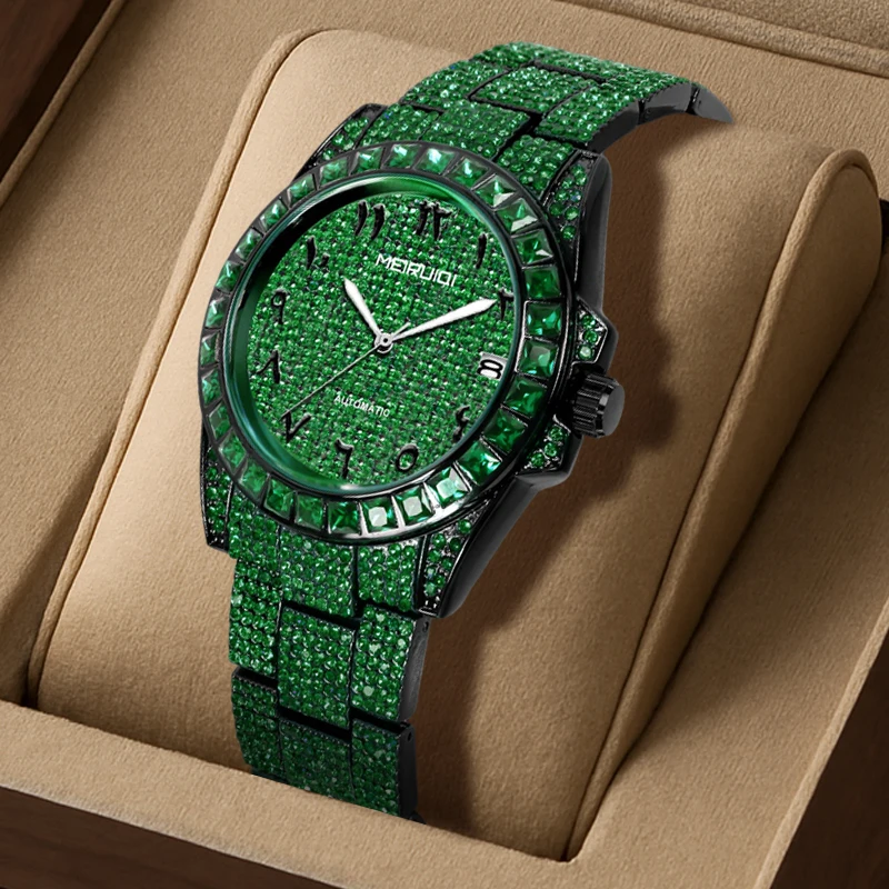 A men's all green steel strip dial with a cool, gorgeous, casual, fashionable gift giving mechanical watch