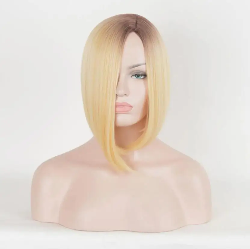 Blonde Straight Bob Style Hair Dark Root Ombre Synthetic Wigs Women Short Wig