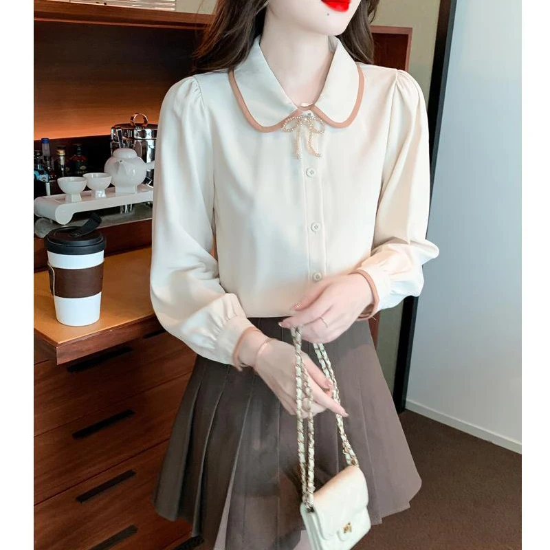 Women Korean Fashion Beads Bow Chic Shirts Vintage Elegant Contrast Color Sweet Blouses Casual Long Sleeve Tops Camisas De Mujer