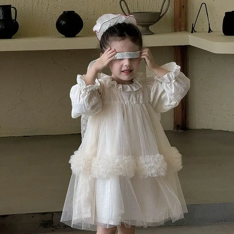 Apricot Girls Heavy Duty Dress 2026 Spring New Mesh A Line Princess Dress Kids Party Gown Children Clothing
