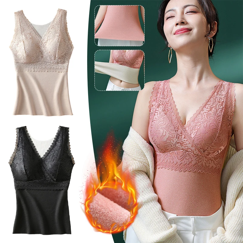 New Cashmere Winter Thermal Underwear Tank Tops Women Plus Size Lace Sexy V-Neck Body Slim Shaper Camisole Sleeveless Vest Bra