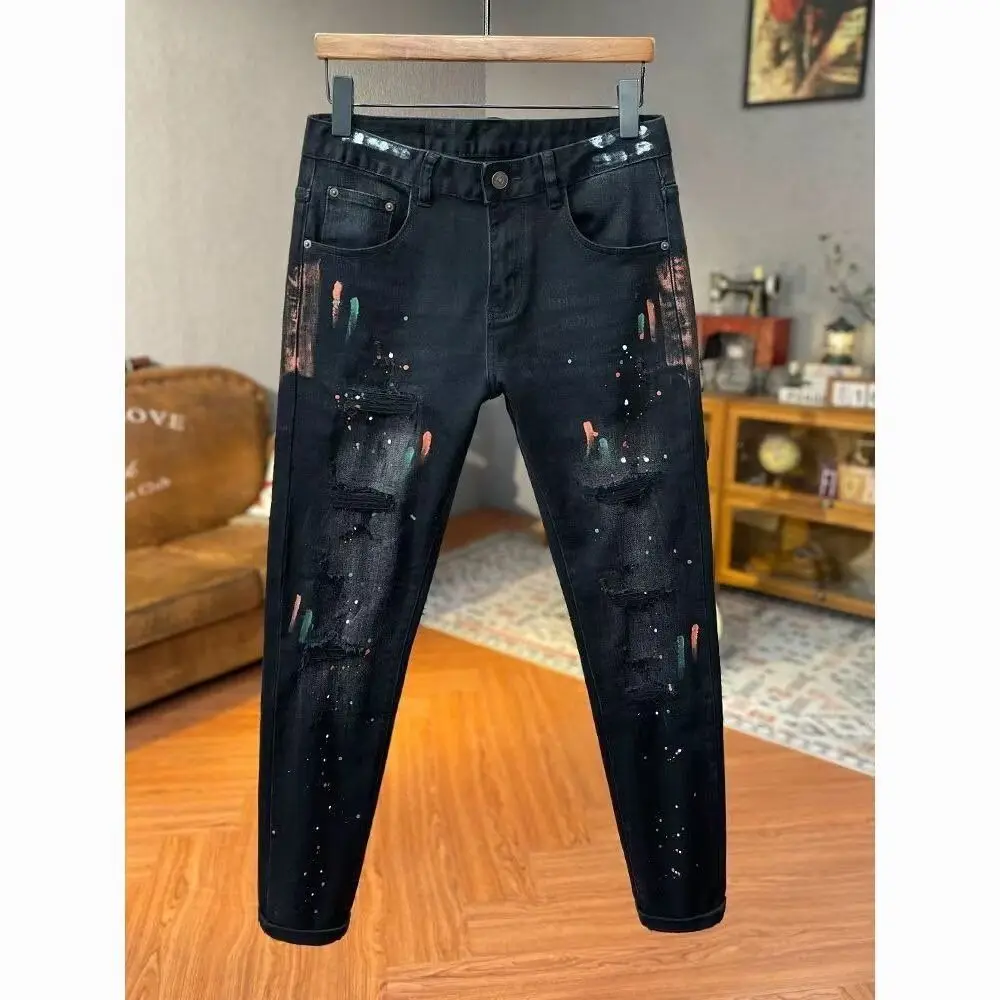 

Men's Slim Fit Denim Jeans Patchwork Paint Splatter Hole Repair Spring Summer Long Pants Nine Points mid Waist Cotton Polyest...