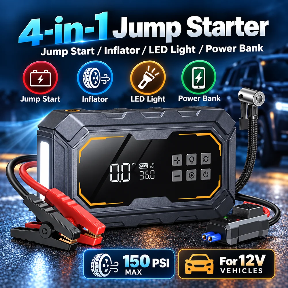 Vyvylabs Car Jump Starter 12V with Air Compressor 600A Peak Portable Battery Booster Pack 6000mAh Tire Inflator LED Flashlight U