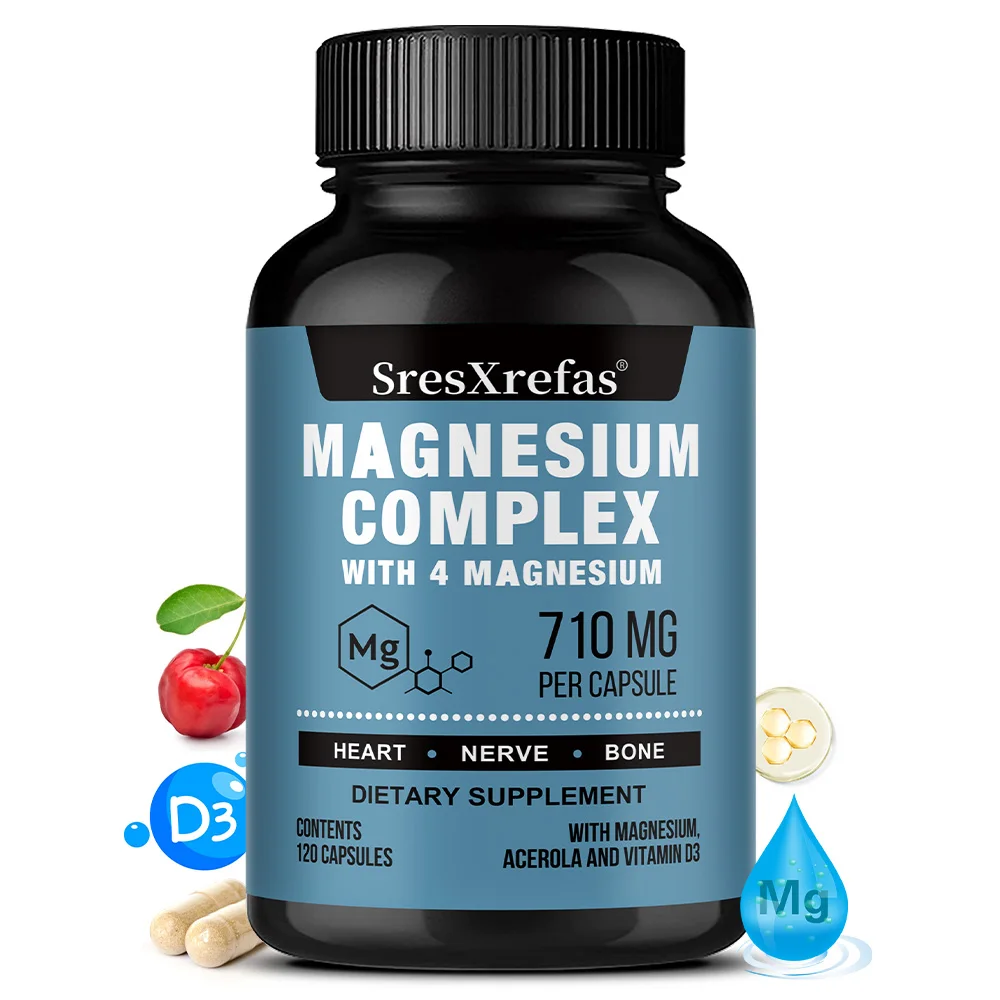 

Magnesium Complex 710MG Capsules - 8 Chelated Forms + B/C/E Vitamins, Sleep Stress Relief, Bone Muscle Heart Health, Non-GMO