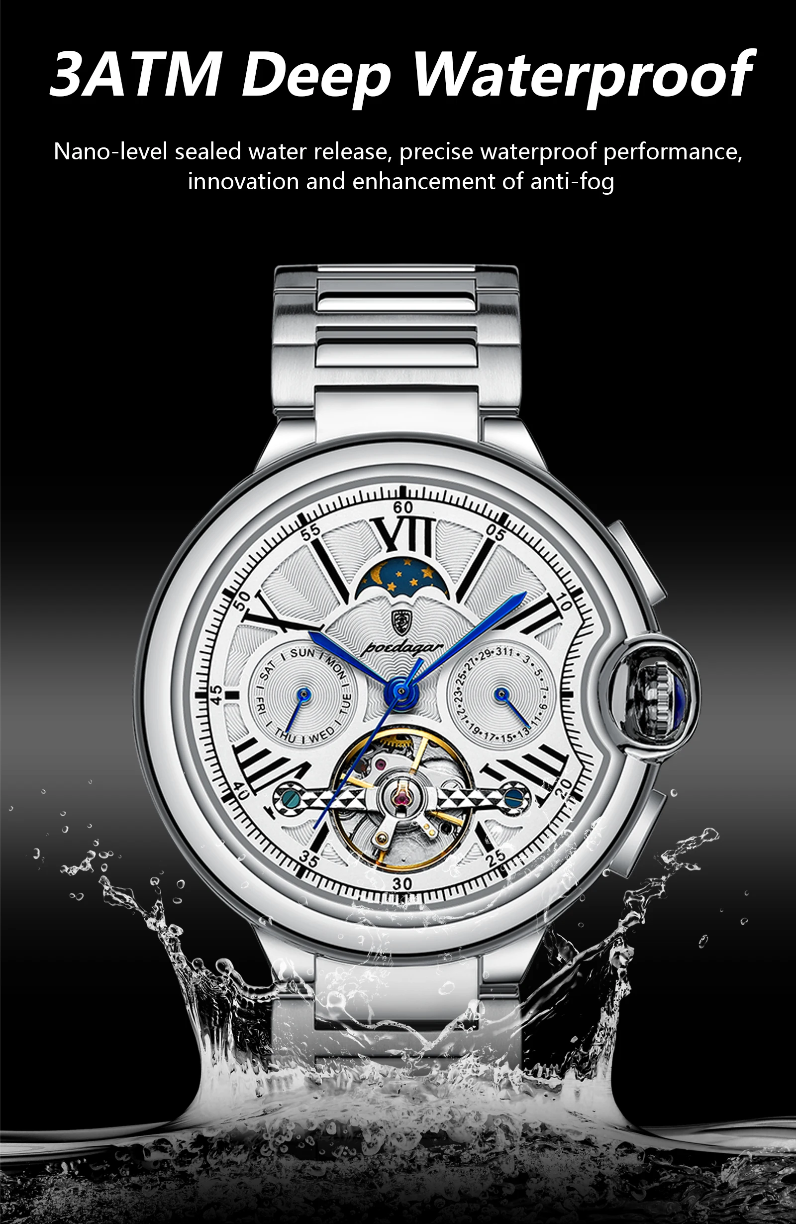 POEDAGAR Luxus Business Männliche Uhr Datum Woche Edelstahl Tourbillon Männer Uhr Wasserdichte Automatische Mechanische herren Uhren – Detail 11