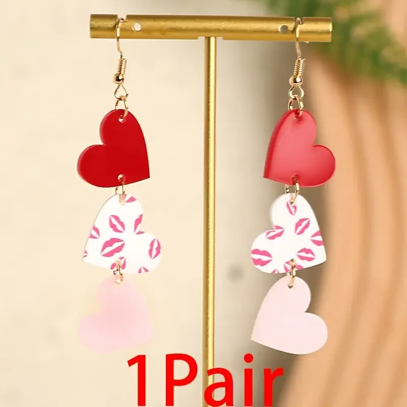 1 Pair EXGOX Valentine\'S Day Acrylic Heart Earrings - Cute & Sexy Kiss Pattern Stainless Steel Post All-Season Fashion Jewelry