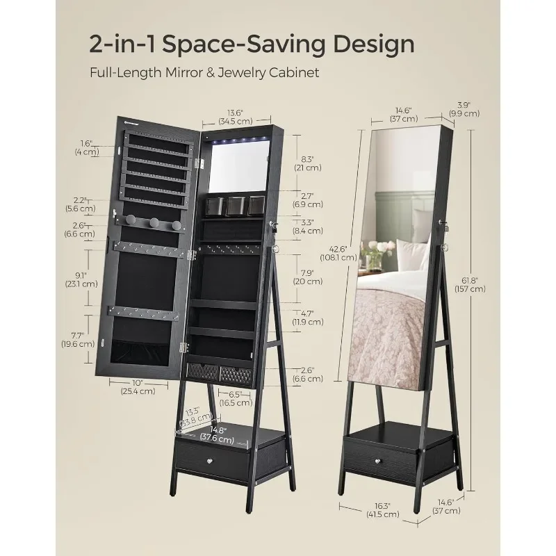 ตู้เครื่องประดับกระจก LED ยืน, Armoire เครื่องประดับแบบล็อคได้พร้อมกระจกยาว Space-Saving Jewelry Organizer พร้อมกระจก