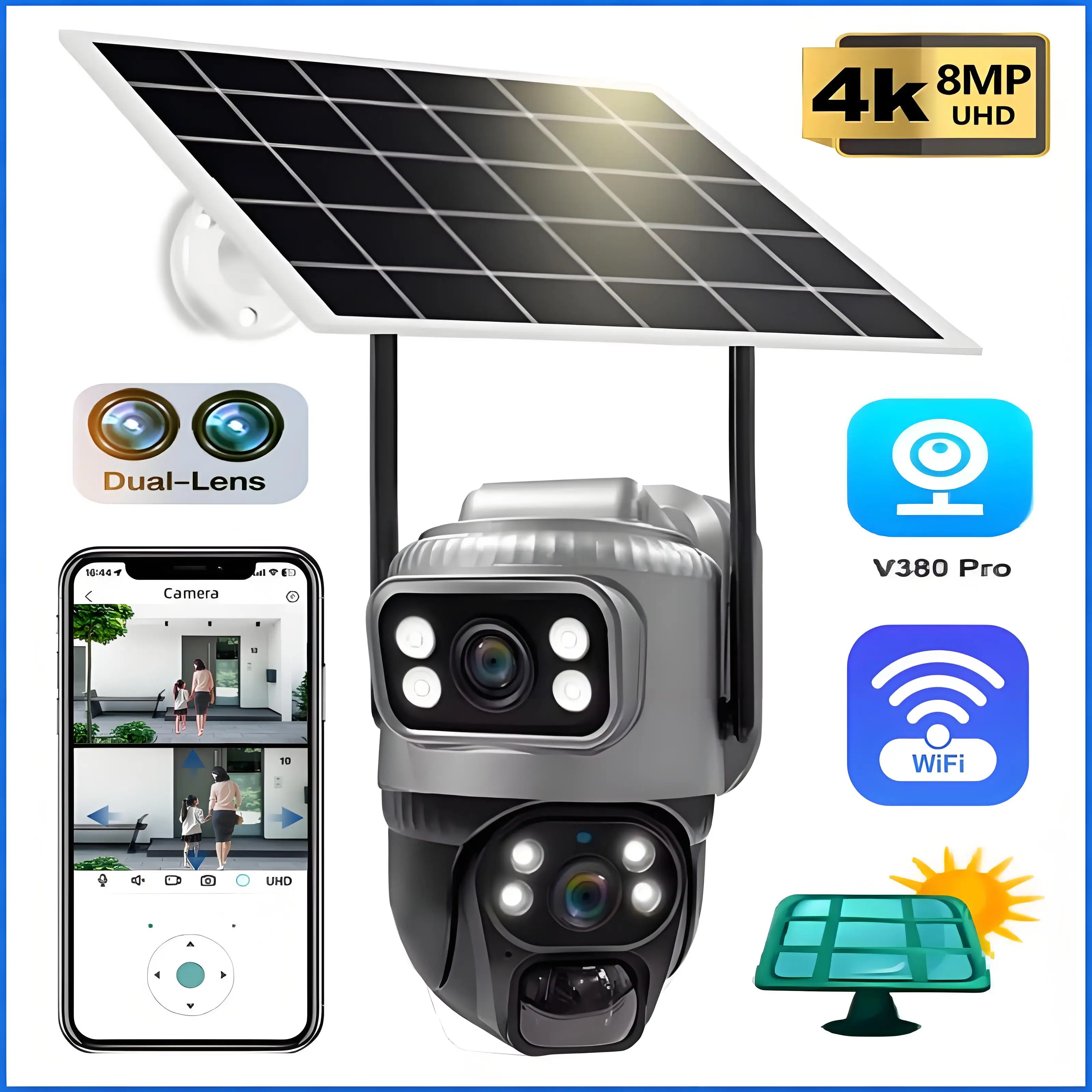 Telecamera solare WiFi wireless Telecamera di sorveglianza IP esterna 4K 8MP a doppio obiettivo PIR Visione notturna Monitoraggio umanoide Pannello solare CCTV