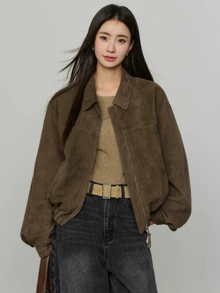 

Vintage Genuine Leather Cargo Jackets for Women Spring Autumn 2026 New High-end Simple Classic Loose Real Sheepskin Suede Coat