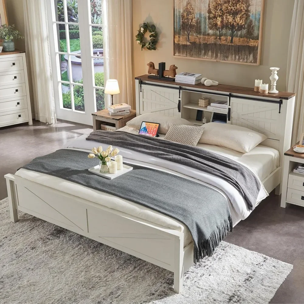 Queen Bed Frame with Headboard Sliding Barn Door Storage Cabinet Charging Station Slats Support No Box Spring Needed，Bed Frame