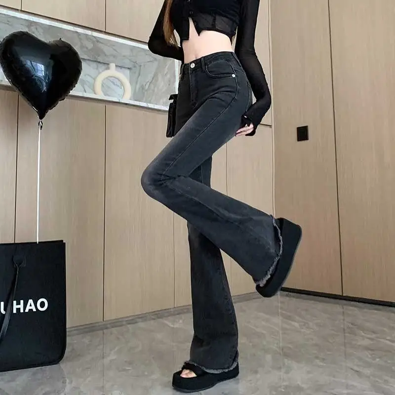 Dames herfst nieuwe modetrend hoge taille wijde pijpen slim fit elastische franjes ontwerp gevoel veelzijdige micro uitlopende broek