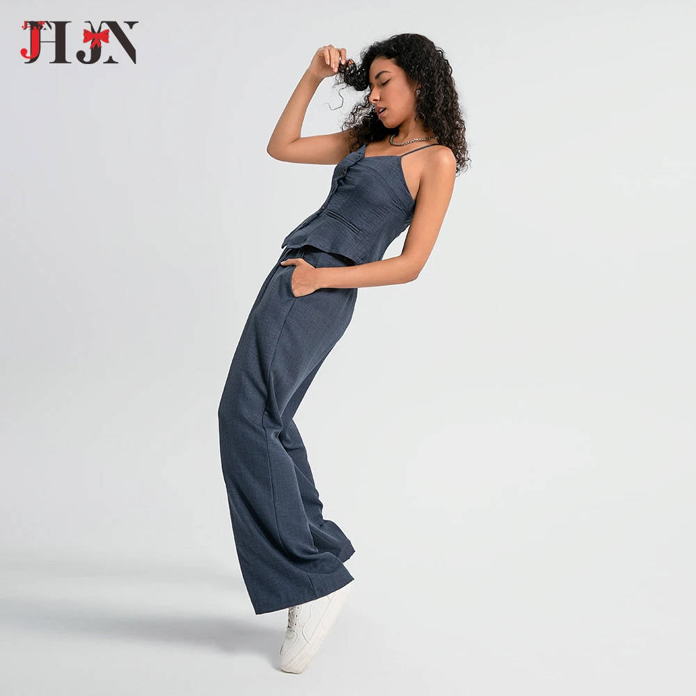 

Retro Hong Kong Style Girl High Street Commuting Two-Piece Set Tank Tops Casual Wide Leg Pants Neutral Minimalism Luxury Brand