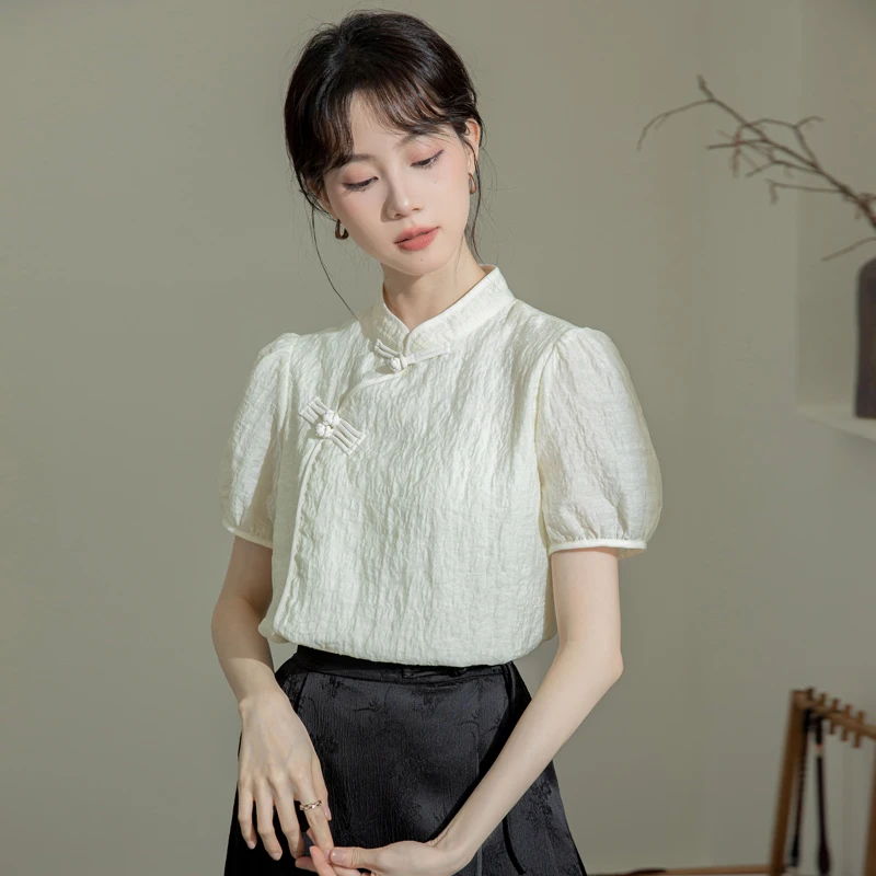 Women Summer Fashion Chinese Style Slim Frog Solid Color Short Sleeve Shirts Women Clothes Elegant All-match Appear Thin Tops